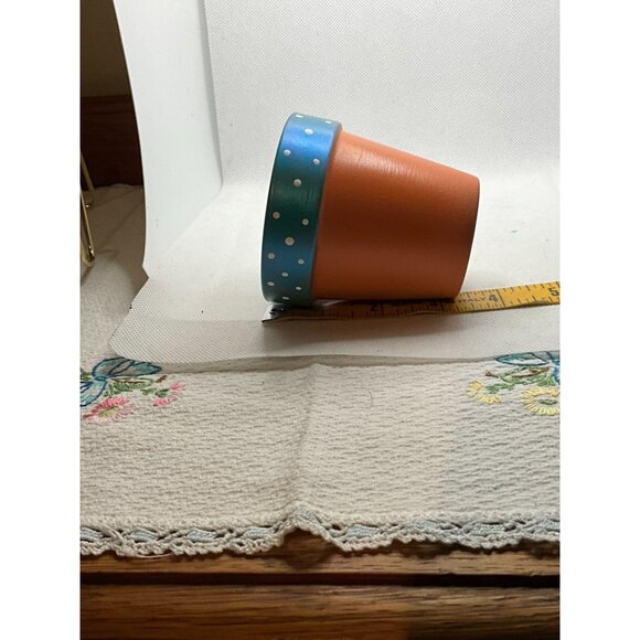 Hand-Painted Clay Flower Pot With Blue Polka Dot Rim & Floral Design - Picture 2 of 6